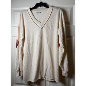 Heimish USA Womens Waffle Knit V-Neck Top Cream Red Sequin Heart Elbow Patches L